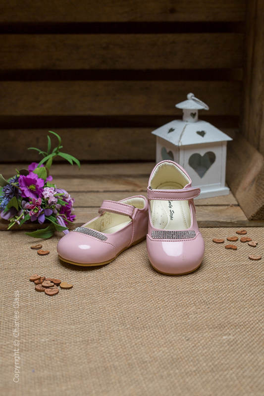 Girls Pink Princess Diamante Patent Leather Shoes